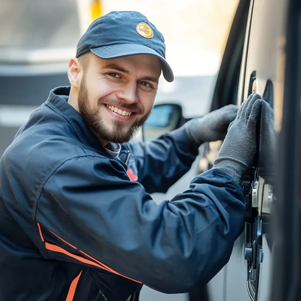 Ein entschlossener Schlosser repariert das Autoschloss mit seinem Werkzeug