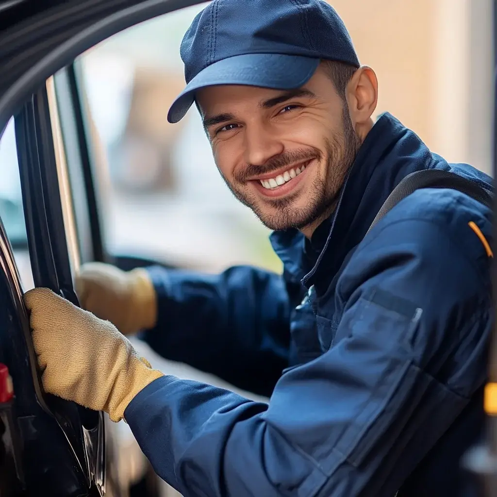 Ein lächelnder Schlosser repariert das Autoschloss mit seinem Werkzeug